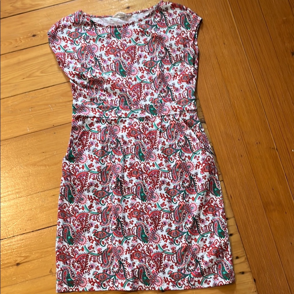 Boden Red Paisley Cap-Sleeve Sheath Dress with Green Accents